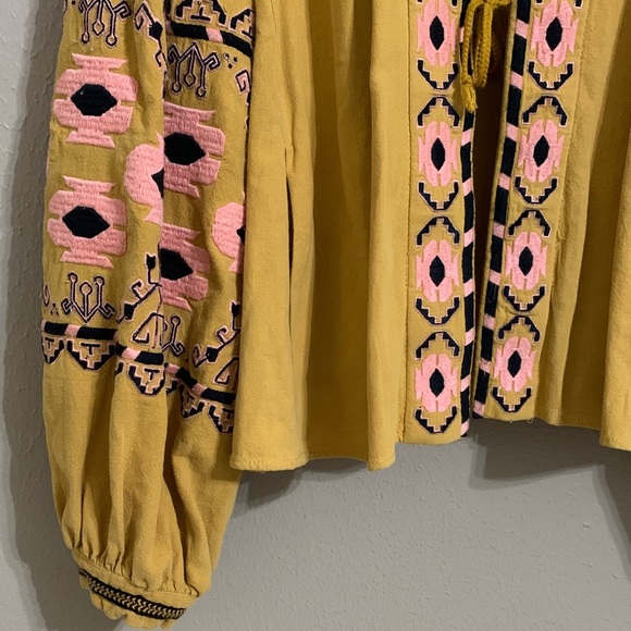 Free People Women’s Embroidered Linen Blend Blouse Jacket Mustard & Pink Boho M - Picture 3 of 12